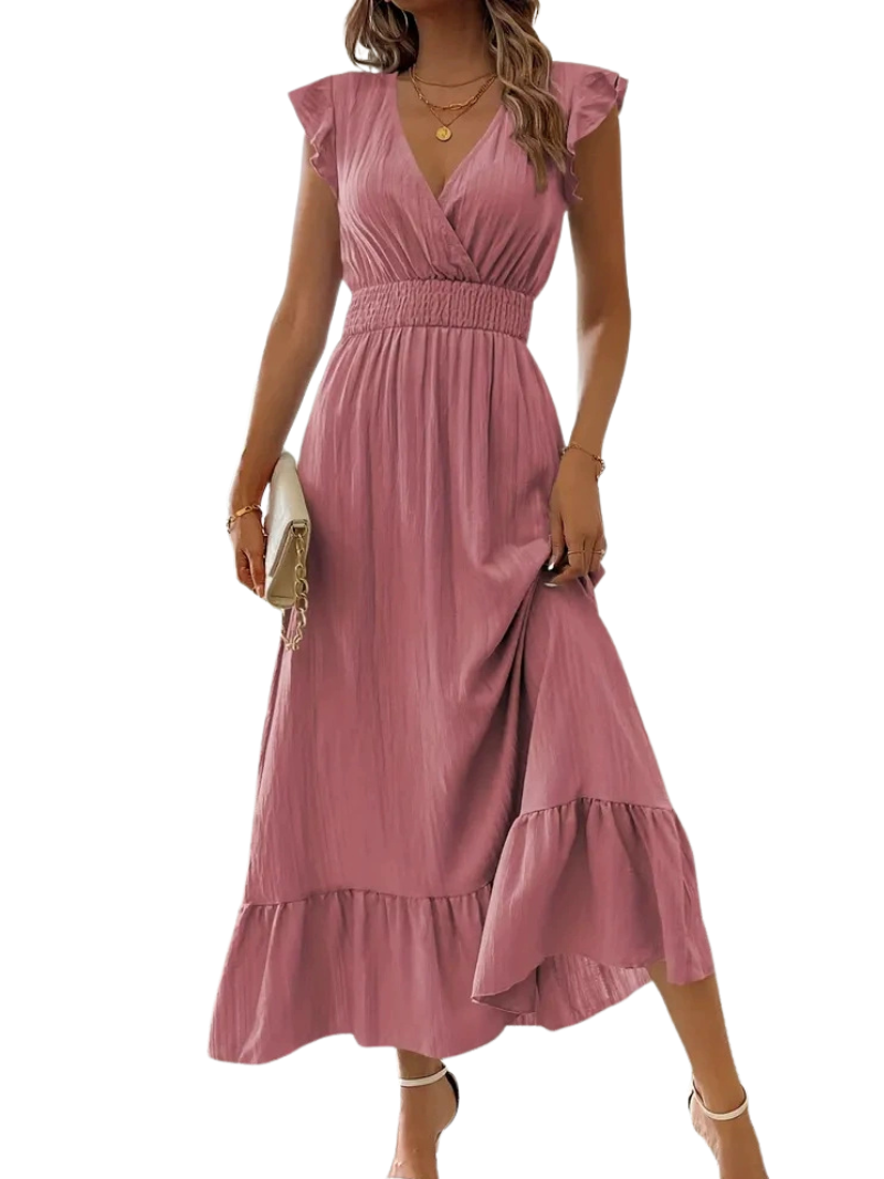 ARIELLE™ – Shirred V-Neck Casual Long Dress