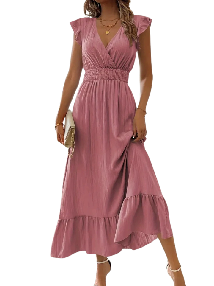 ARIELLE™ – Shirred V-Neck Casual Long Dress