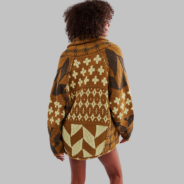 Women's Knit Cardigan, Oversized Geometric Jacquard Gold Button