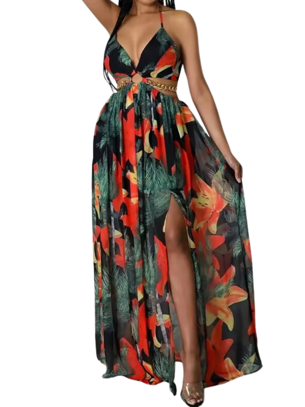 ASHA™ – Floral Print Chain Decor Split Thigh Cami Maxi Dress for Summer