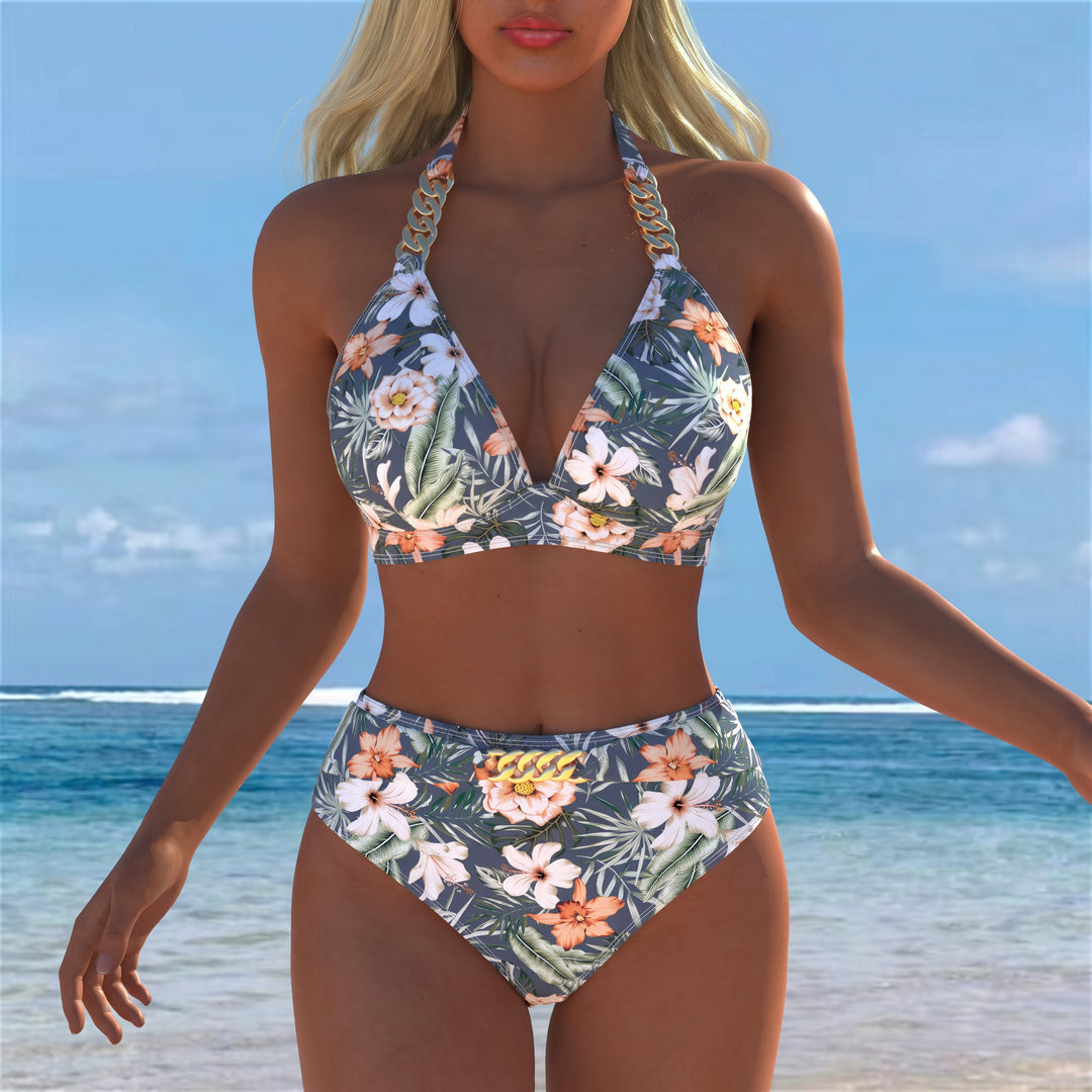 Women's High Waisted Bikini in grey floral