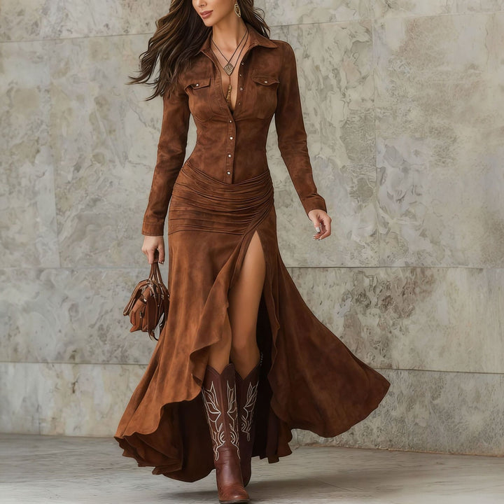 Women's Long Sleeve Maxi Dress in caramel