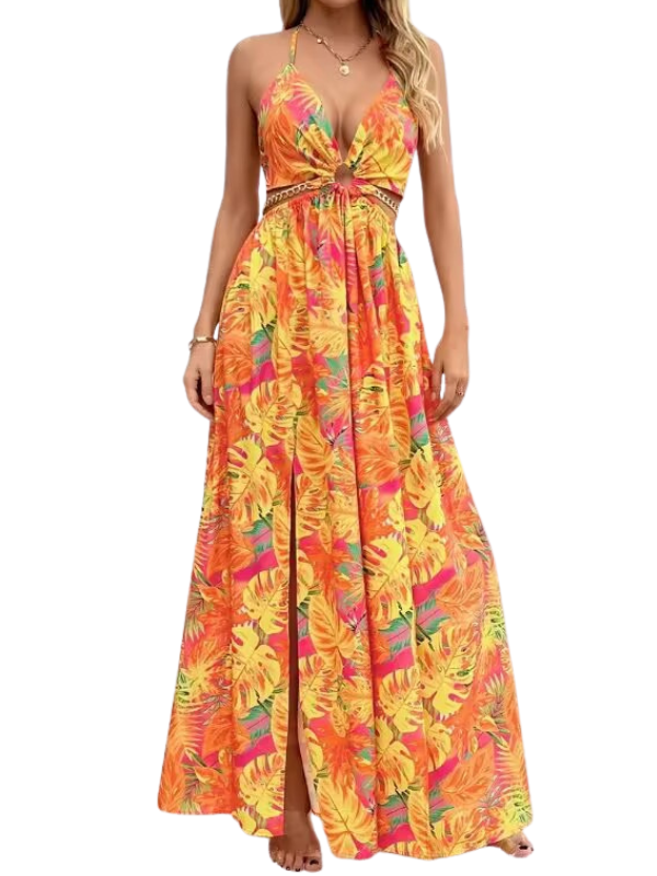 ASHA™ – Floral Print Chain Decor Split Thigh Cami Maxi Dress for Summer
