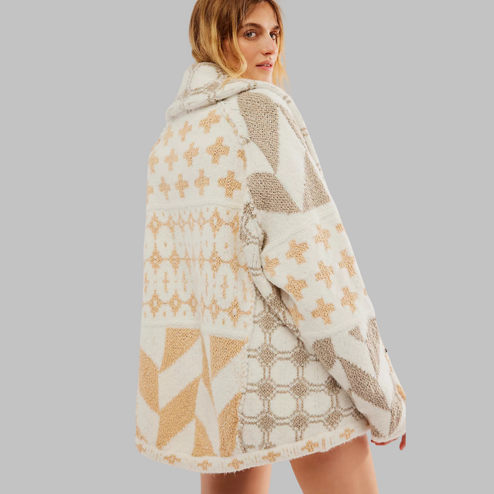 Women's Knit Cardigan, Oversized Geometric Jacquard Gold Button