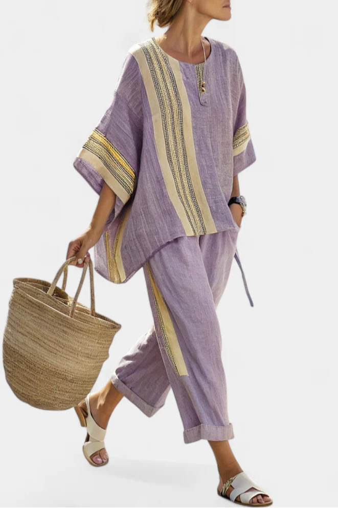 Women's Linen Matching Set in purple striped