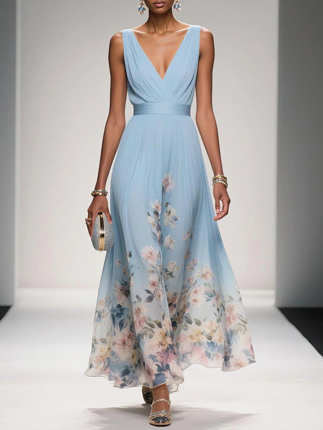 Women's Summer Maxi Dress in light blue floral