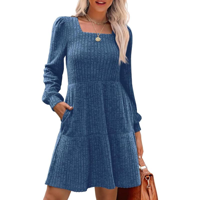 ELIZA™ - Cozy Square Neck Long Sleeve Babydoll Sweater Dress