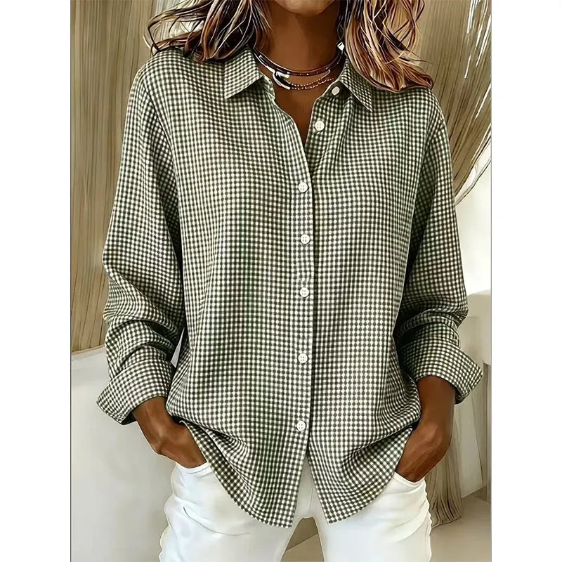 Women's Long Sleeve Linen Shirt in green plaid