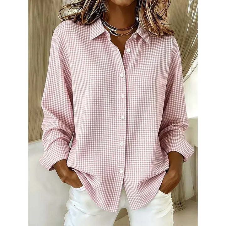 Women's Long Sleeve Linen Shirt in pink plaid