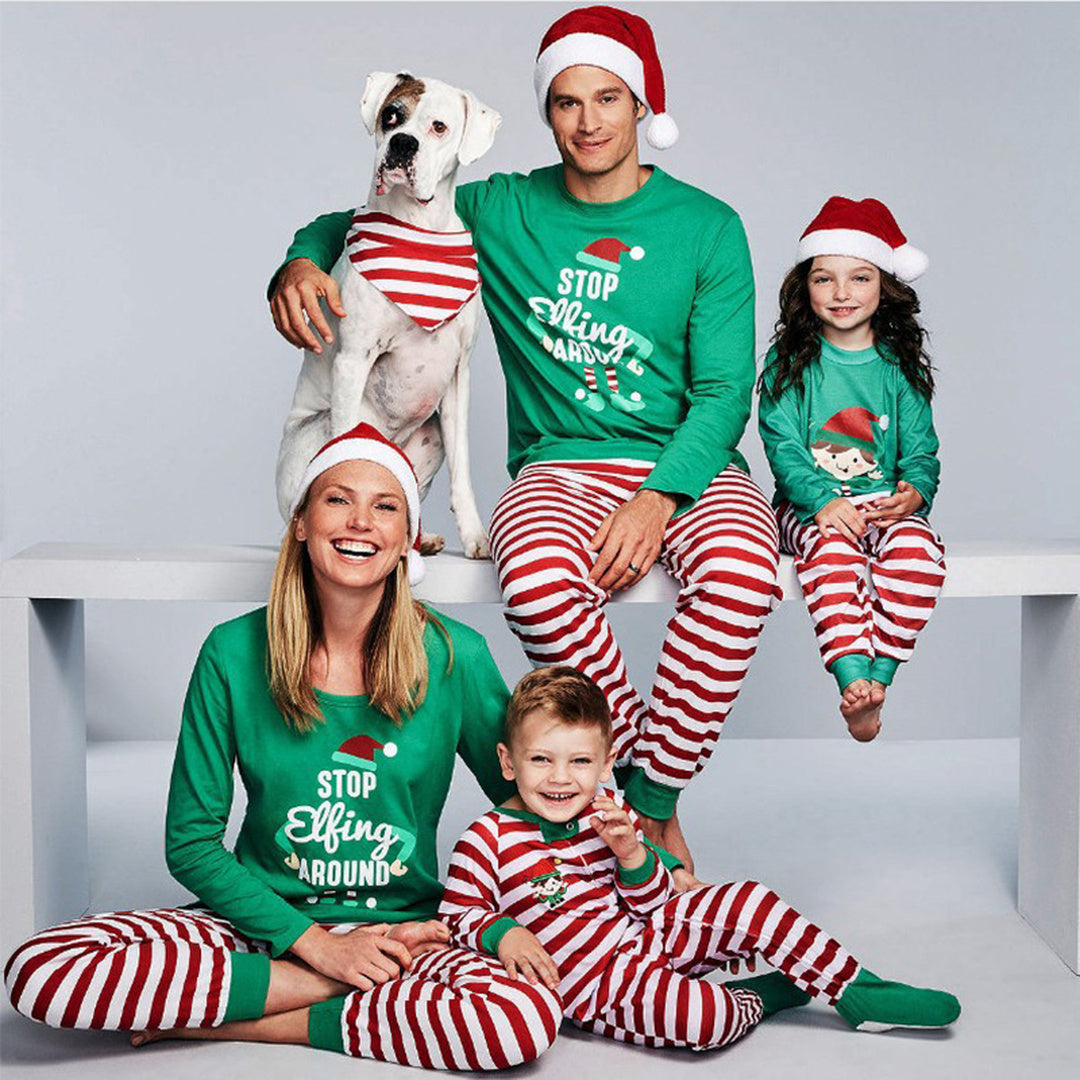 Family Matching Christmas PJs in green striped