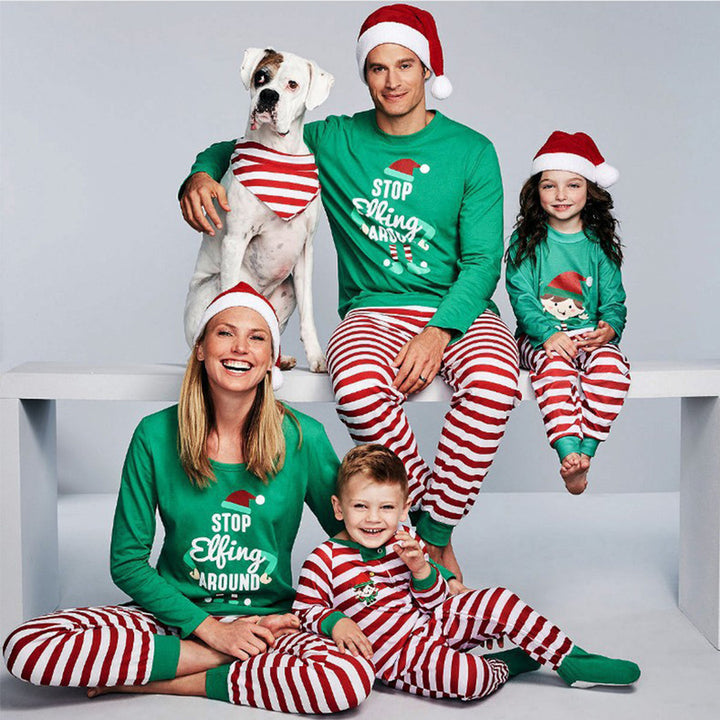 Family Matching Christmas PJs in green striped
