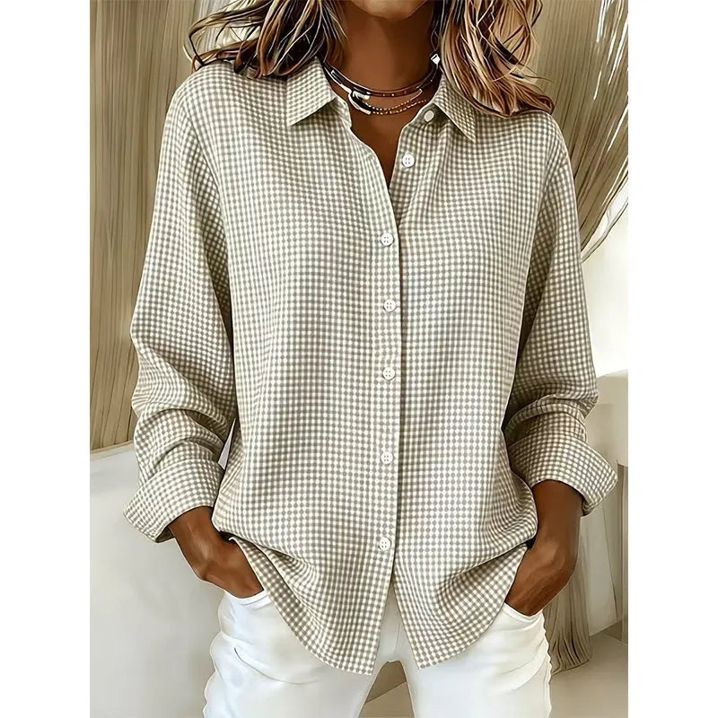 Women's Long Sleeve Linen Shirt in apricot plaid