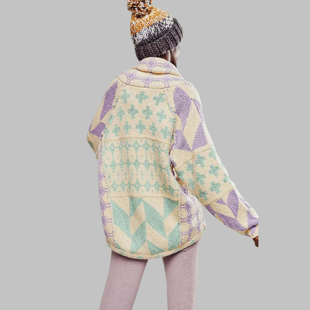 Women's Knit Cardigan, Oversized Geometric Jacquard Gold Button