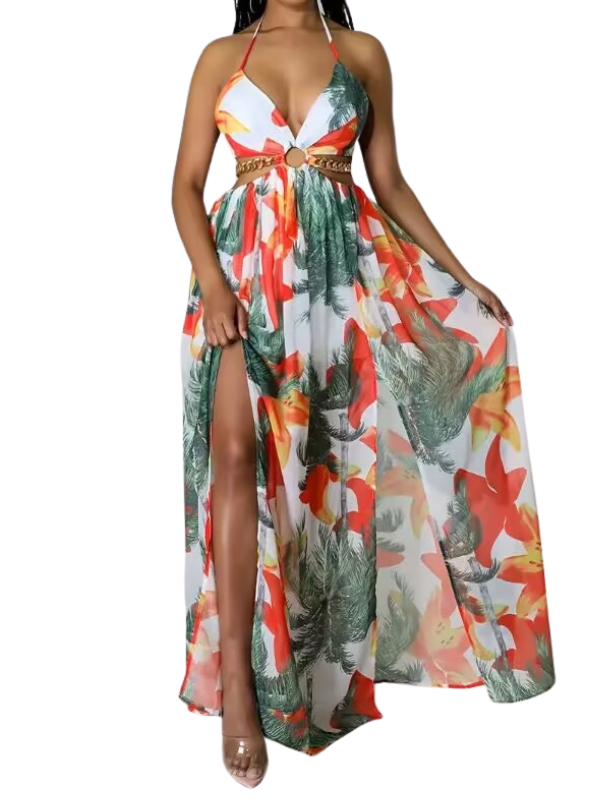 ASHA™ – Floral Print Chain Decor Split Thigh Cami Maxi Dress for Summer