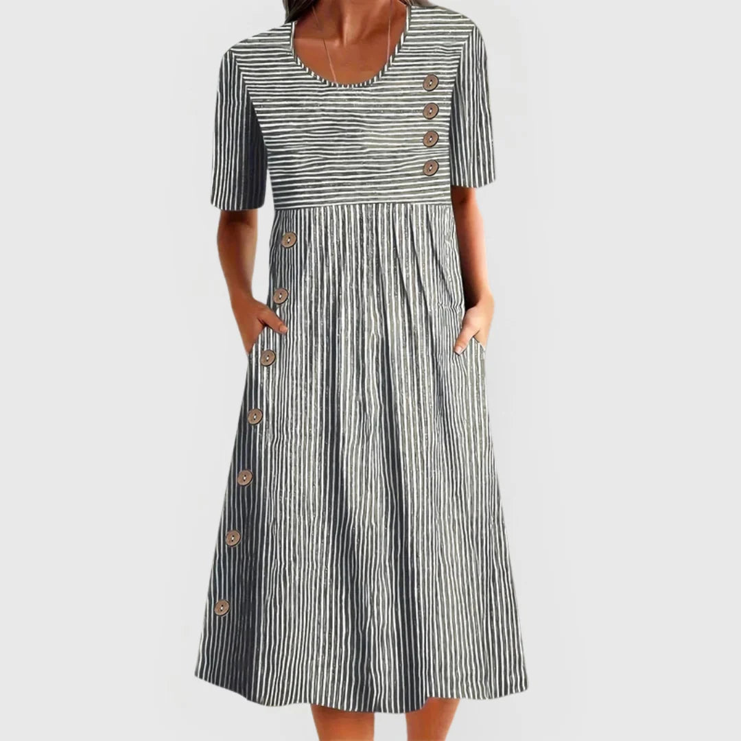 Women's A Line Midi Dress in grey striped