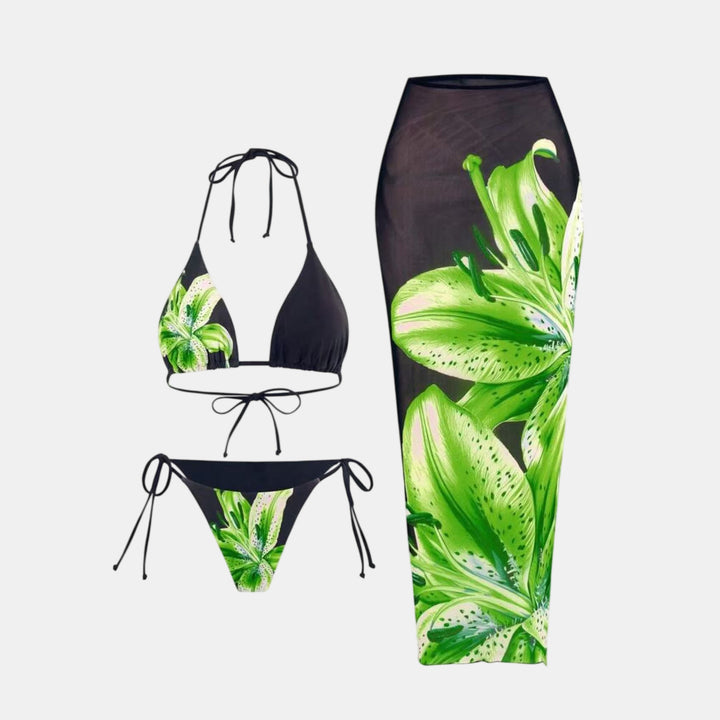 Women's String Bikini in black print green