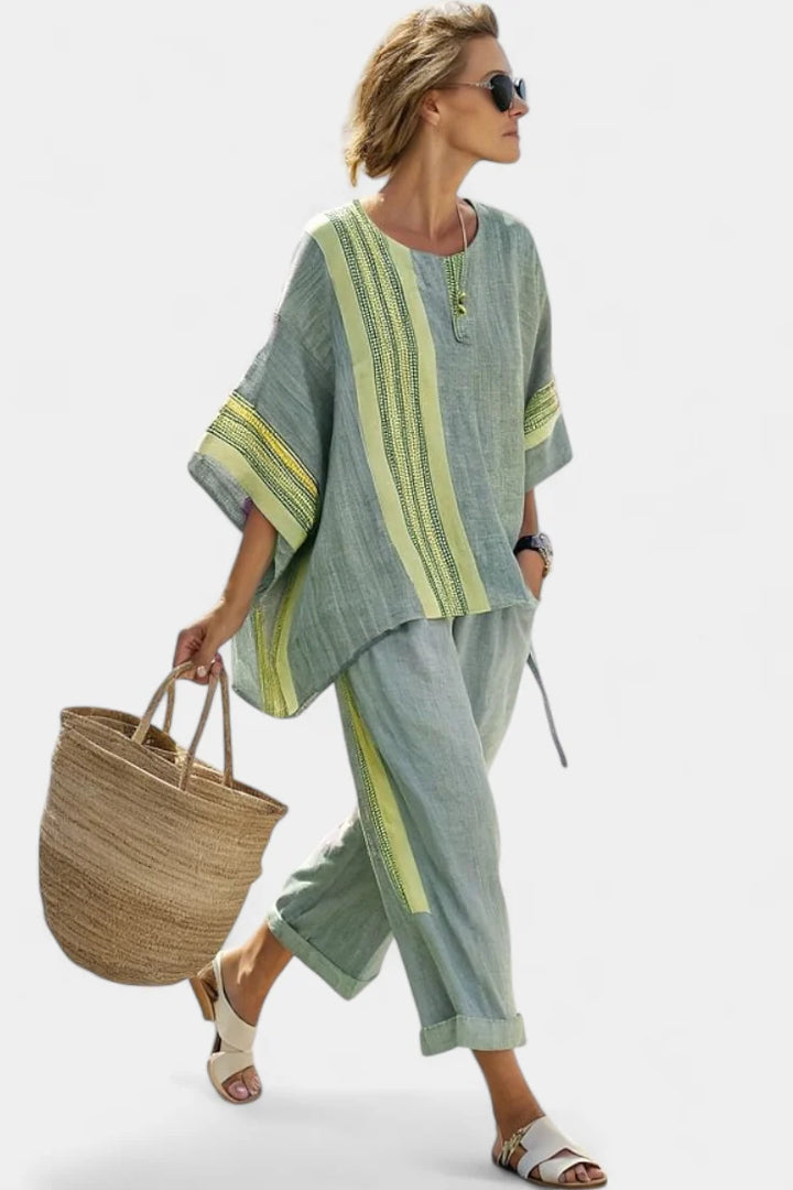 Women's Linen Matching Set in green striped