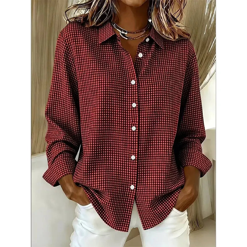 Women's Long Sleeve Linen Shirt in burgundy plaid
