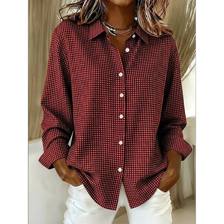 Women's Long Sleeve Linen Shirt in burgundy plaid