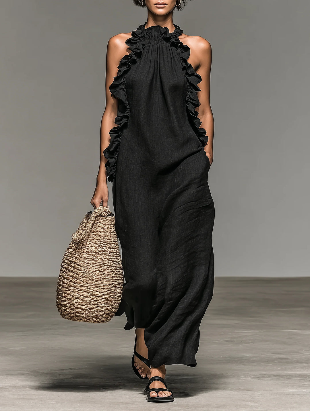 Women's Linen Maxi Dress in black
