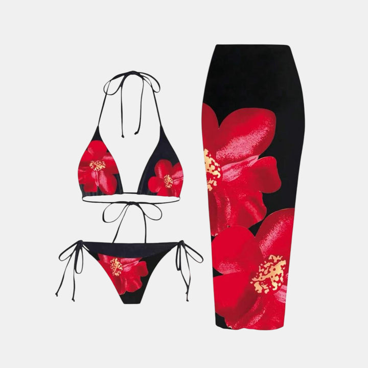 Women's String Bikini in black red floral