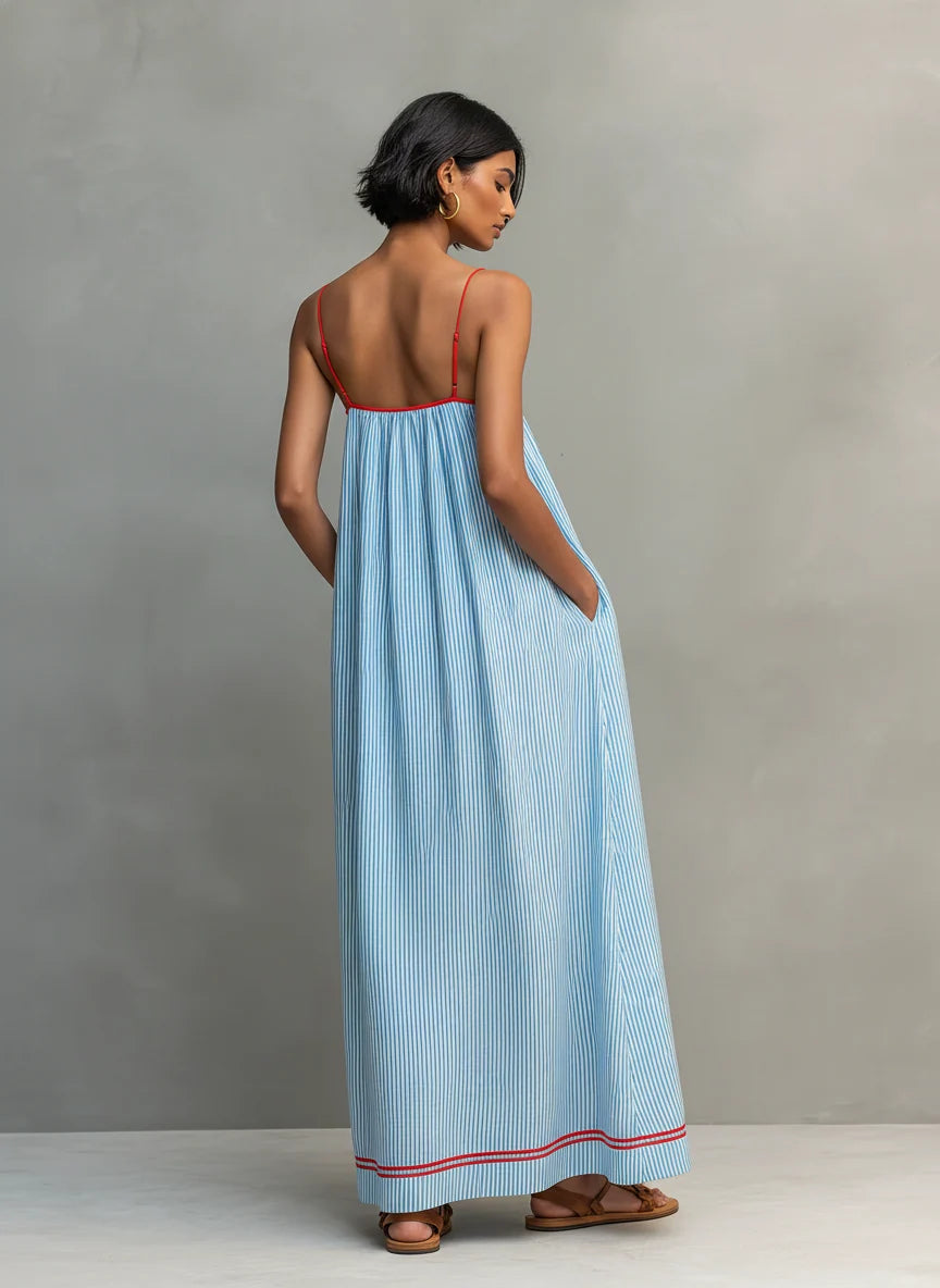 Women's Summer Maxi Dress in blue striped