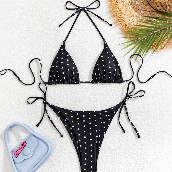 Women's String Bikini in black polka dot