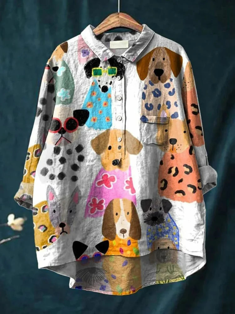 Women's Long Sleeve Blouse, Cartoon Dog Print Asymmetric Hem – Rebecca ...