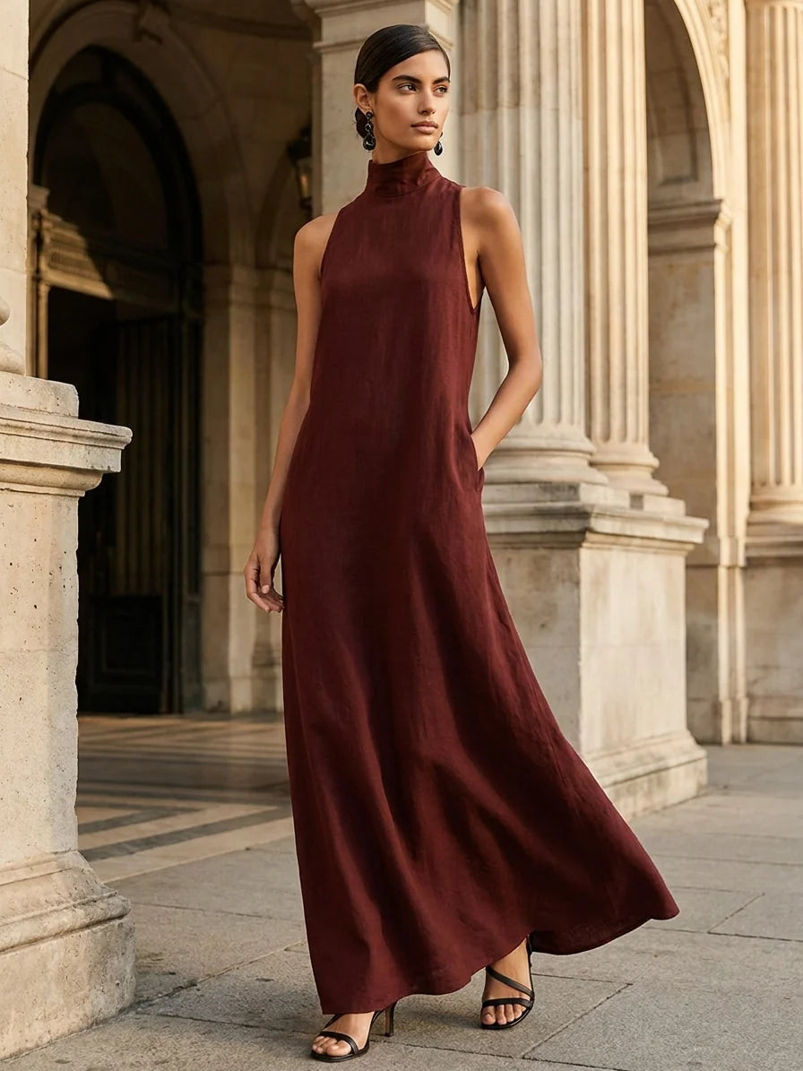 Women's Linen Maxi Dress in burgundy