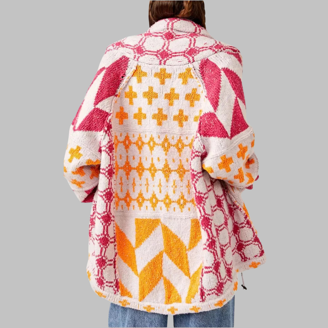 Women's Knit Cardigan, Oversized Geometric Jacquard Gold Button