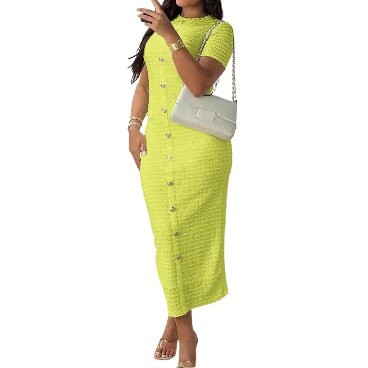 BRONWYN™ – Classic Zipper Back Dress with Faux Button Accent