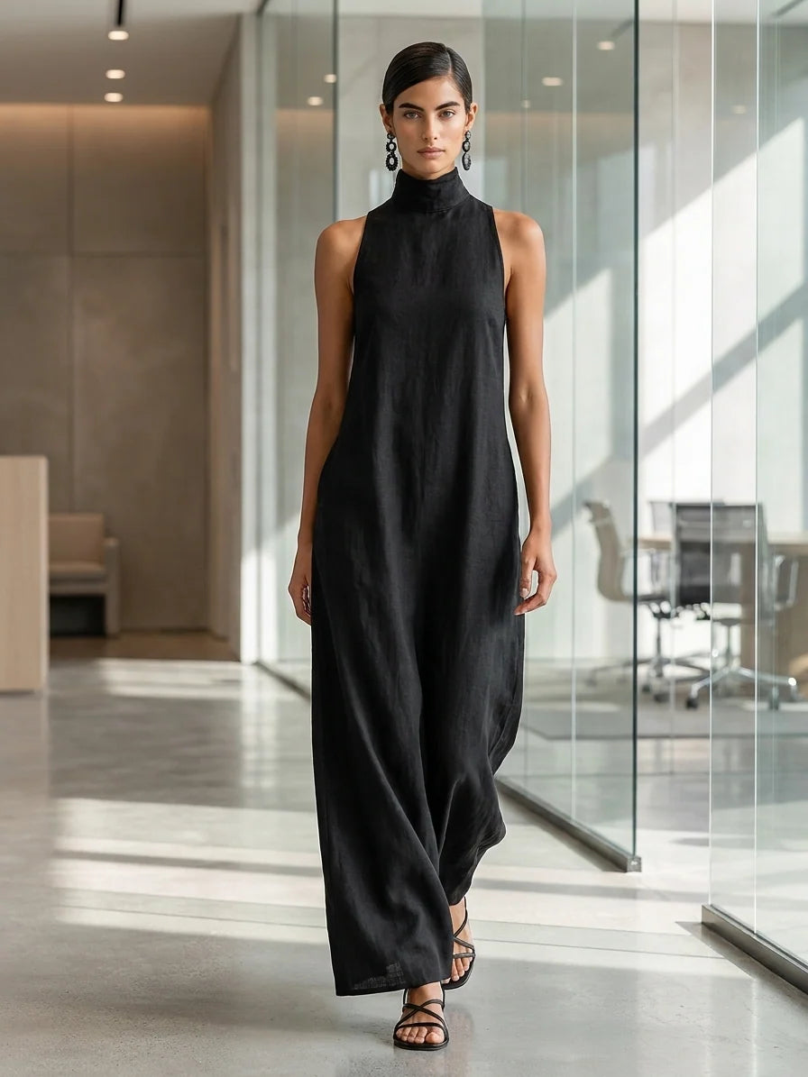 Women's Linen Maxi Dress in black