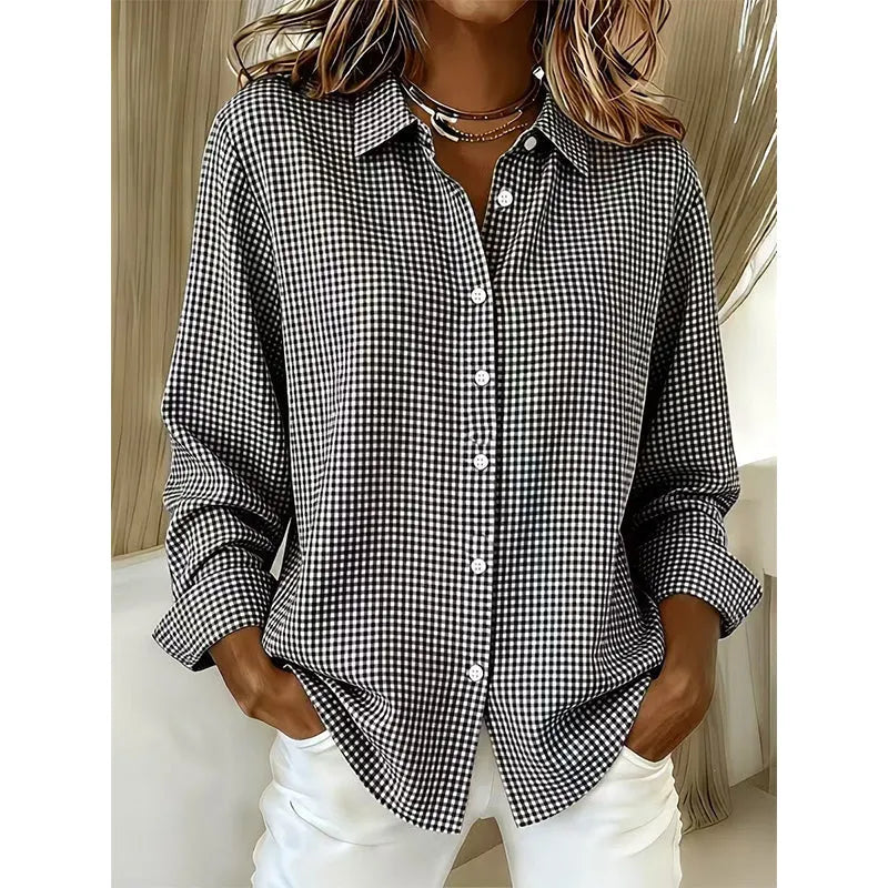 Women's Long Sleeve Linen Shirt in black plaid