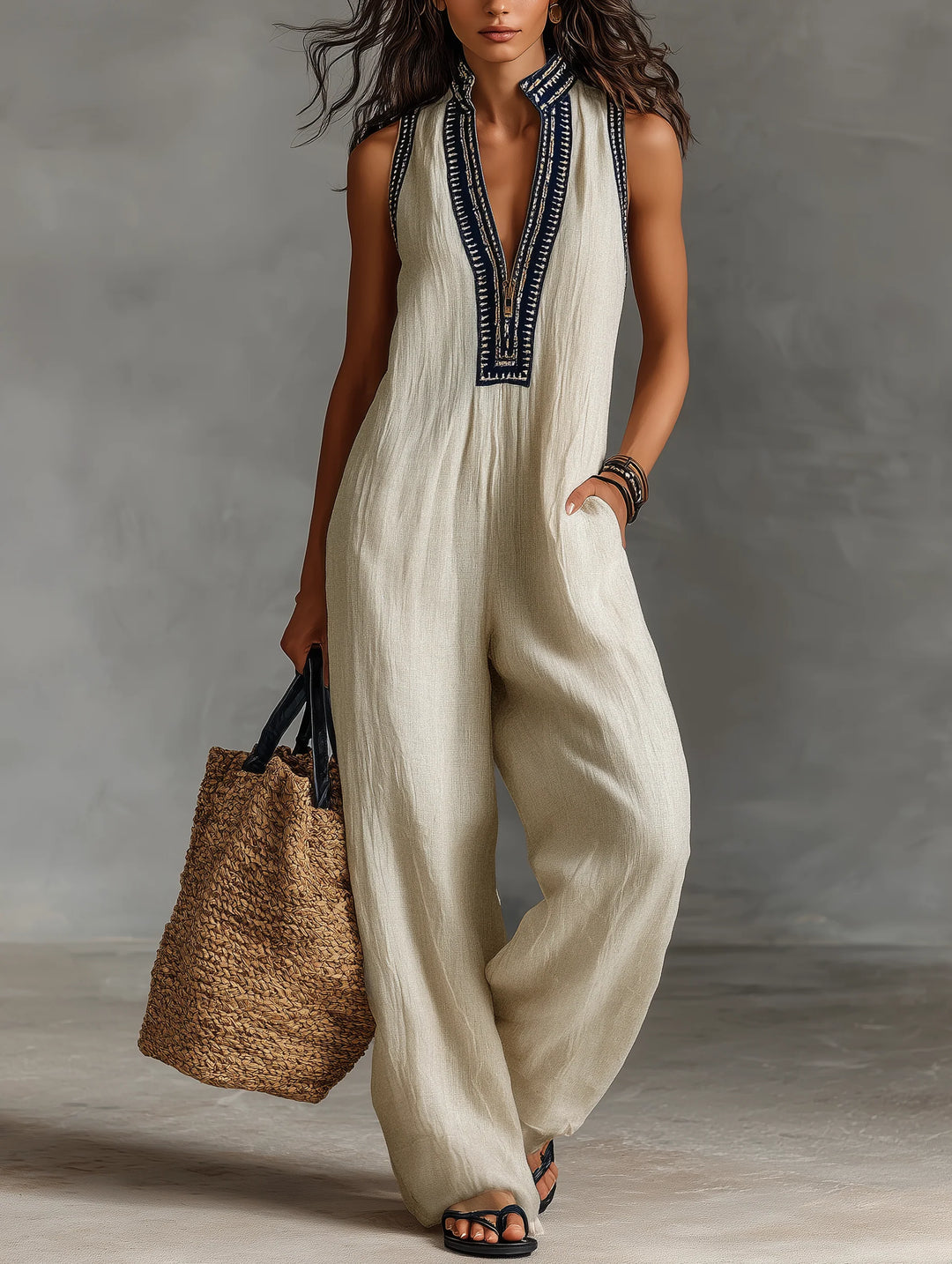 Women's Linen Jumpsuit in beige