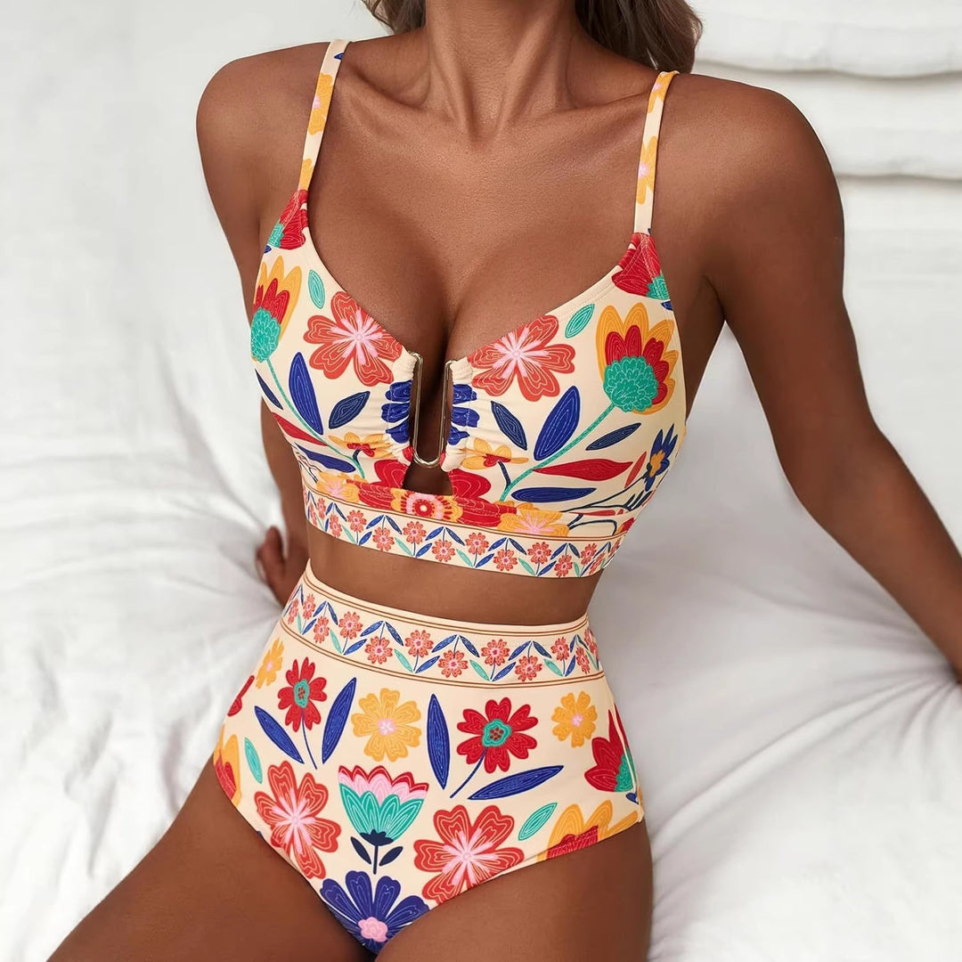 Women's High Waisted Bikini in orange floral