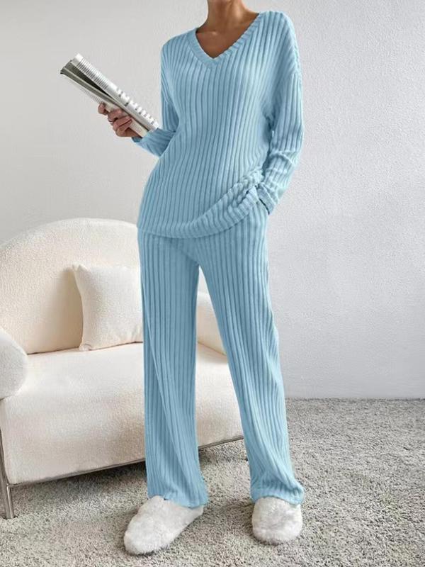 SUMMER™ - Casual V-Neck Long Sleeve Top & Straight Leg Lounge Pants Set