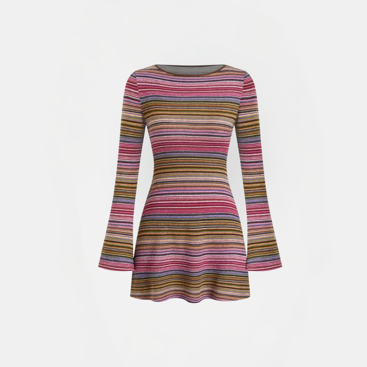 Women's Boat Neck Bell Sleeve Striped Knit Bodycon Mini Dress