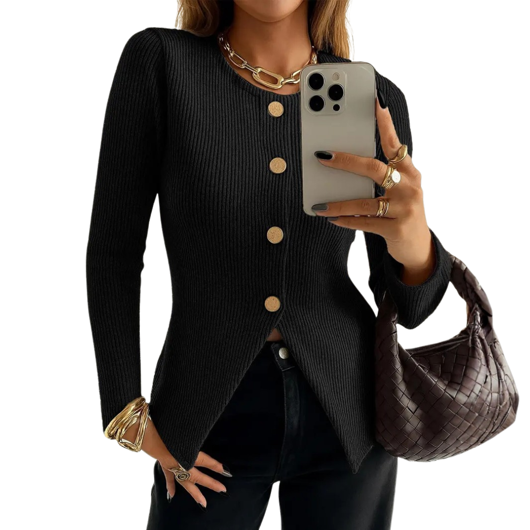 NADIRA™ – Twisted Ribbed Button-Front Knit Top