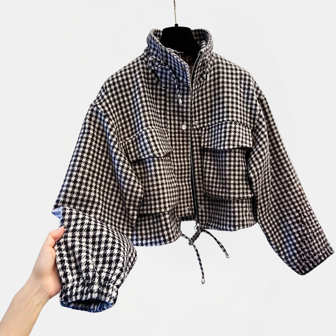 Women's Plaid Stand Collar Drawstring Zip Short Jacket