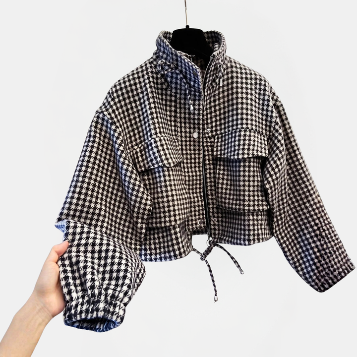 Women's Plaid Stand Collar Drawstring Zip Short Jacket