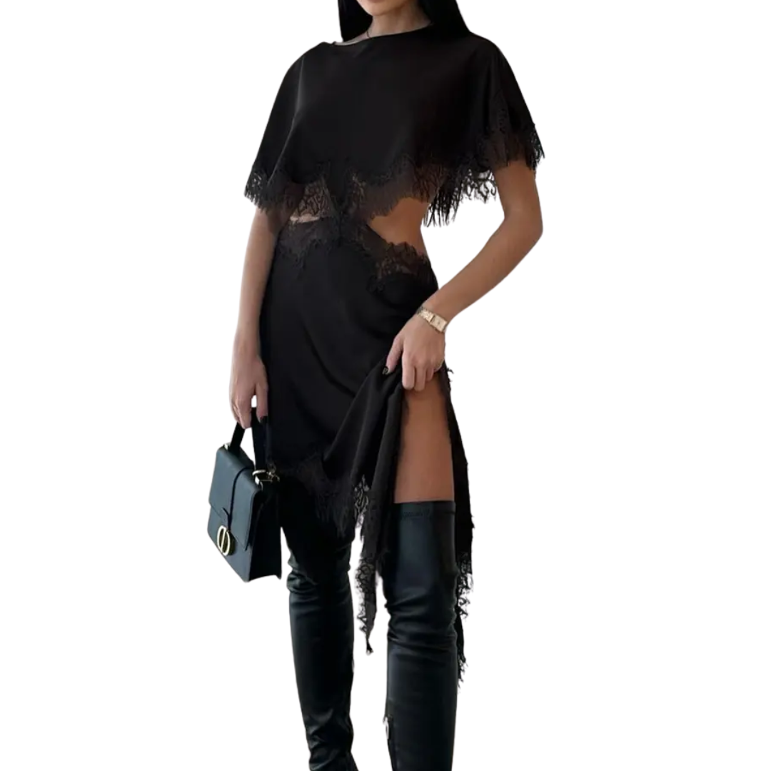 GINEVRA™ – Asymmetric Cape Sleeve Lace Mini Dress – Rebecca & Ruby