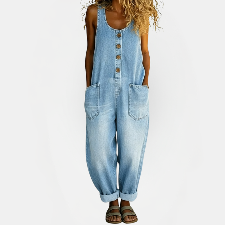 Women's Wide Leg Bib Overall Denim Jumpsuit