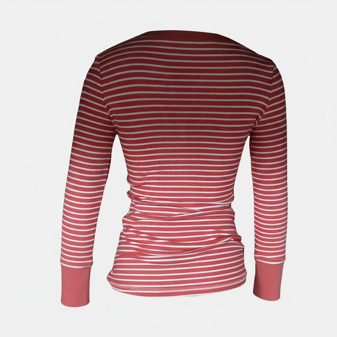 Women's Button Front Striped Knit Long Sleeve Polo Top with Pockets