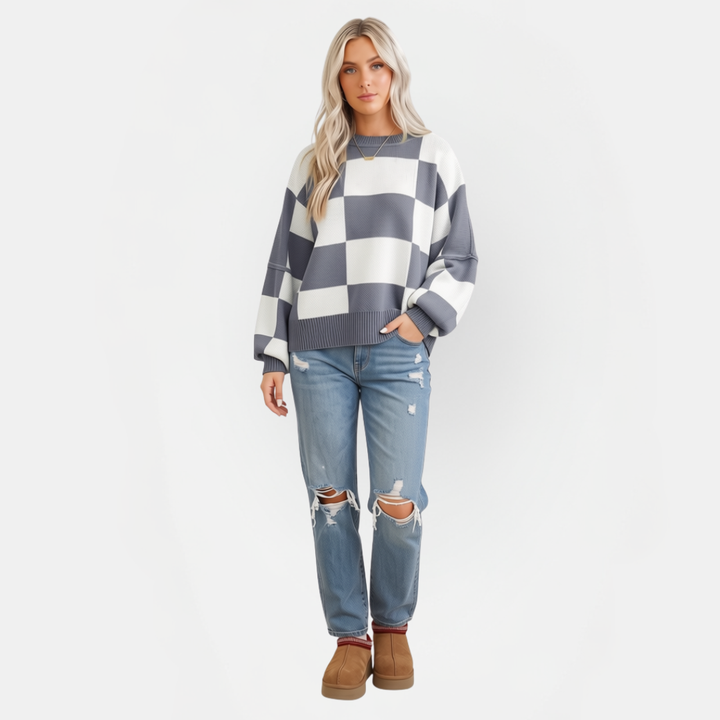 Women's Loose Drop Shoulder Round Neck Plaid Knit Pullover Sweater