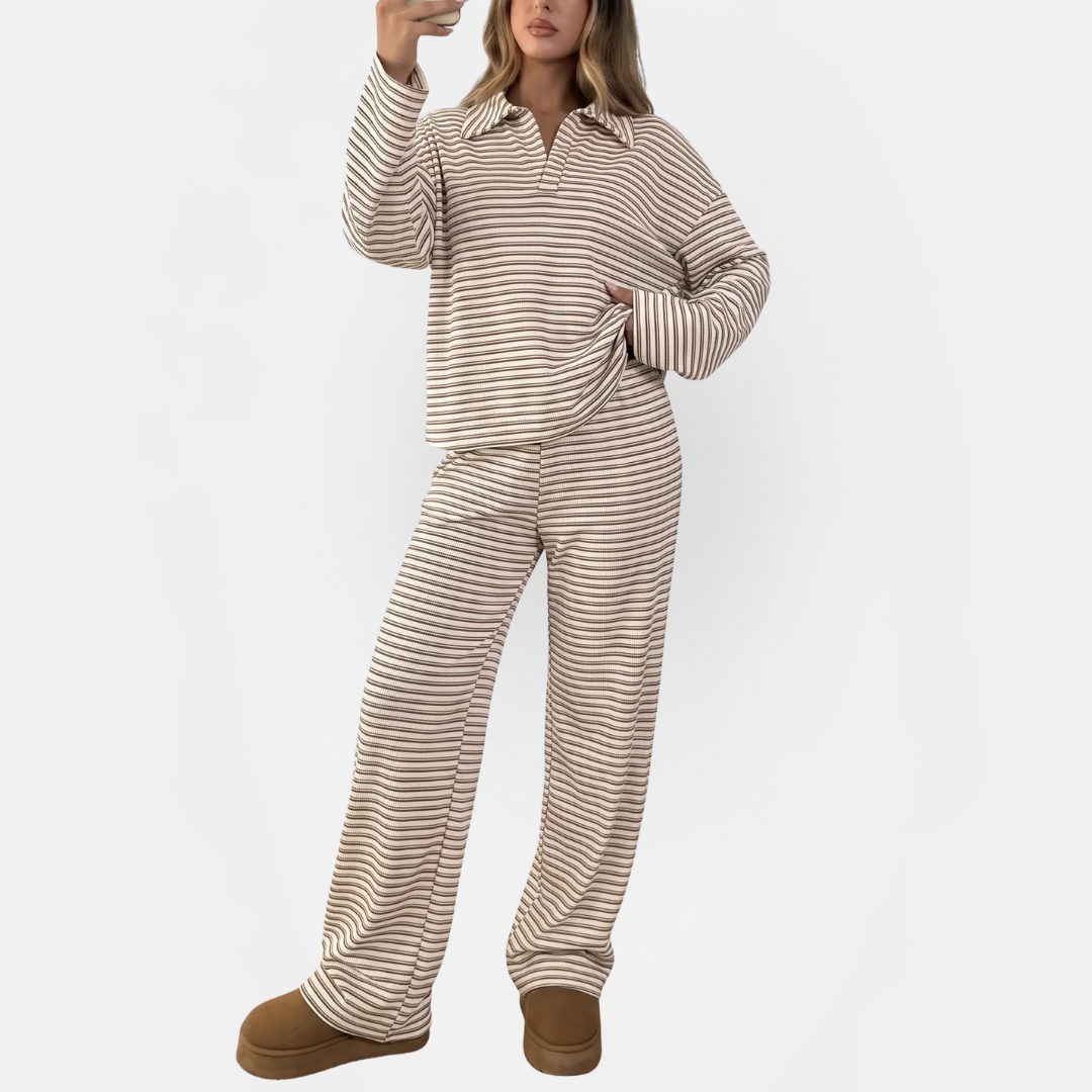 Women's Striped Wide Leg Pants Knit Sweater Two Piece Set