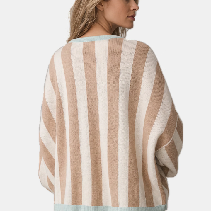 Women's Oversized Contrast Stripe Balloon Sleeve Open Front Knit Cardigan