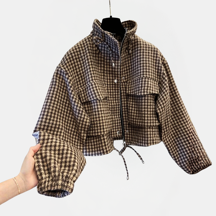 Women's Plaid Stand Collar Drawstring Zip Short Jacket