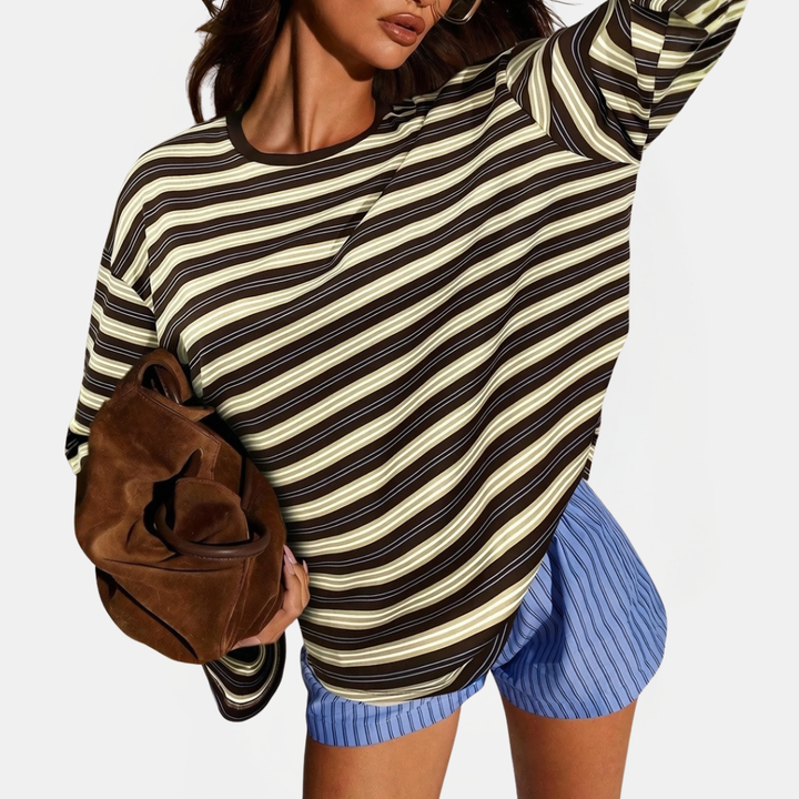 Women's Color Block Striped Long Sleeve Round Neck Fitted Top
