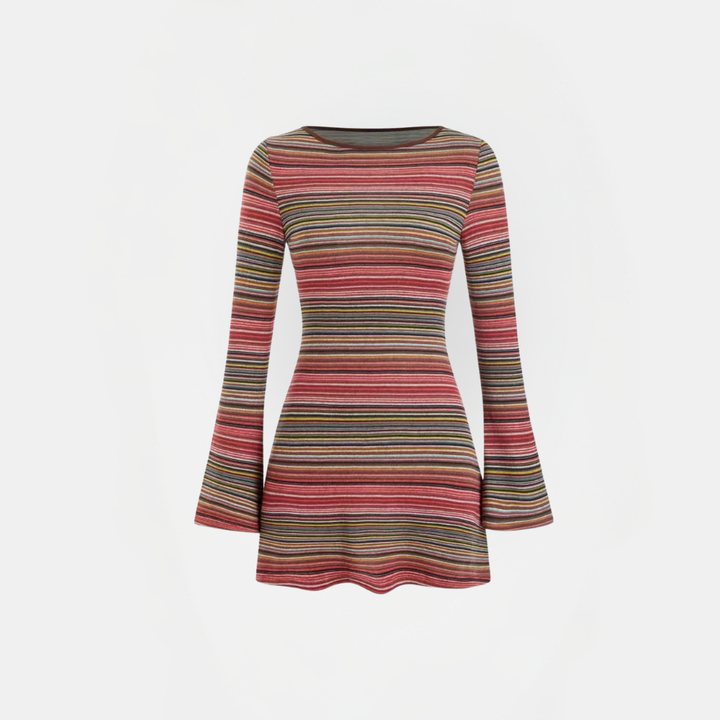 Women's Boat Neck Bell Sleeve Striped Knit Bodycon Mini Dress