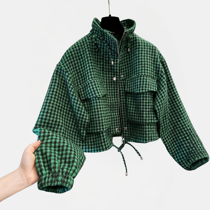 Women's Plaid Stand Collar Drawstring Zip Short Jacket